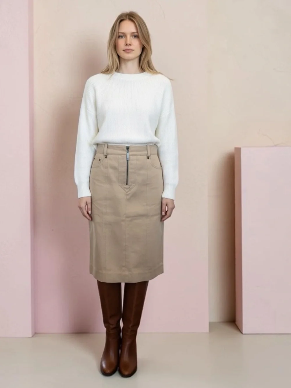 Louis Vuitton Beige Midi Pencil Skirt with Front Zip